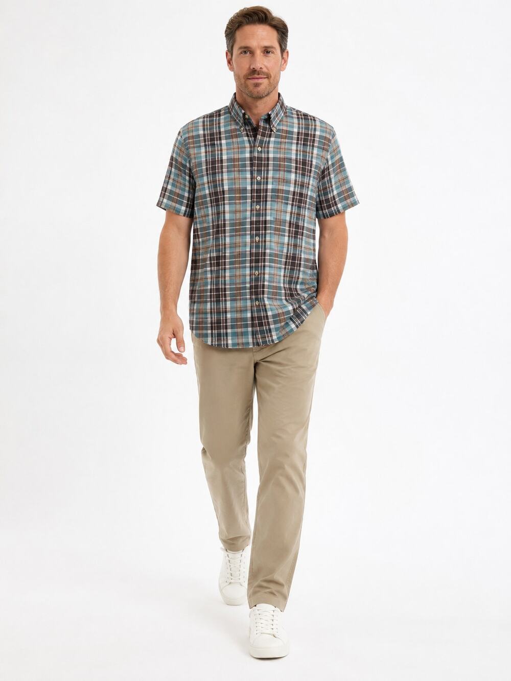 LR3150 VAN HEUSEN MENS XL PLAID SHORT SLEEVE BUTTON DOWN SHIRT BLUE BROWN